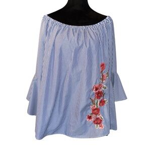 ROOMMATES Blouse Sz 1X Blue White Striped Sleeve Off Shoulder Cruise Wear Casual